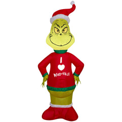 Gemmy Grinch front view showing cheerful pose and quick setup benefit
