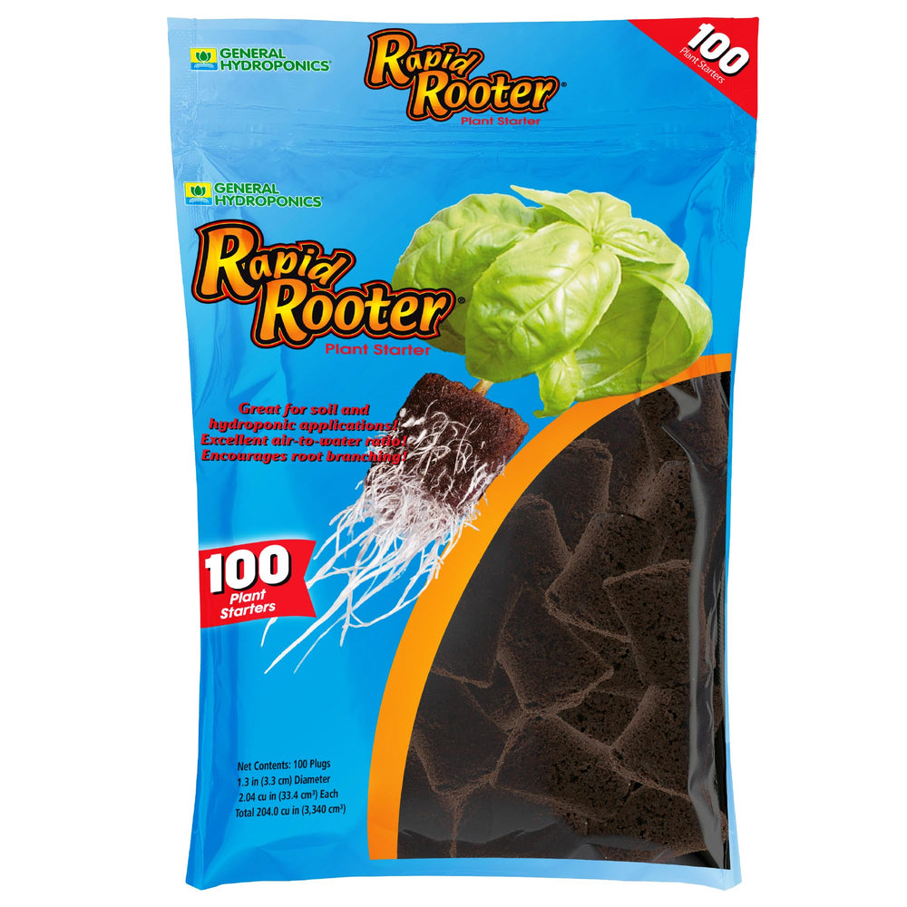 General Hydroponics front packaging showing 100 Rapid Rooter plugs and benefits