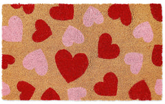 Generic coir doormat front view showing red pink hearts and welcome effect