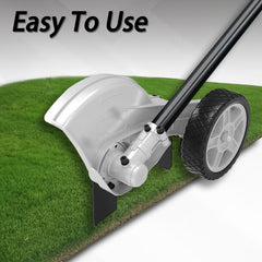 Generic edger mounted on a trimmer in use, demonstrates simple install and control