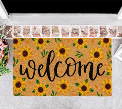 Generic sunflower doormat beside ruler showing 16.5x29 inch scale and fit