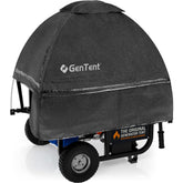 GenTent front view showing canopy on open-frame generator, protects controls and weatherproofs
