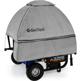 GenTent front view on open-frame generator showing weather protection and easy setup