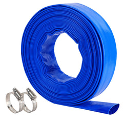 Geowaky front view of coiled blue backwash hose showing compact storage and easy handling