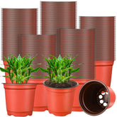 Gerrii front view of 4-inch brown nursery pots showing bulk quantity and neat stacking benefit