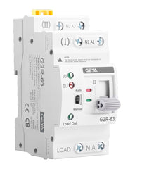 GEYA front view of 2P 63A ATS showing compact profile and labeling, reliable space-saving design