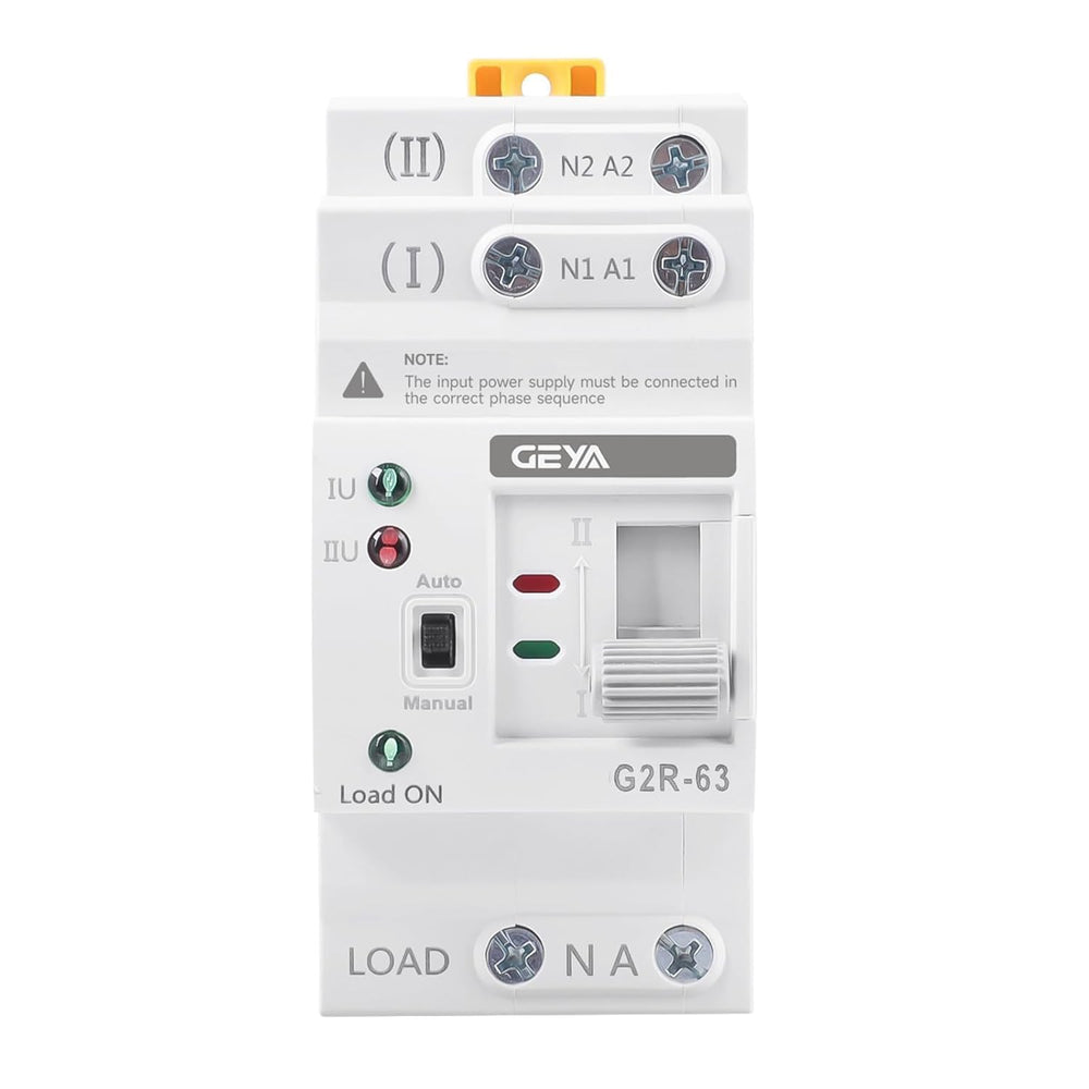 GEYA front panel view showing compact transfer switch and benefits of space-saving DIN design