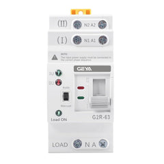 GEYA front panel view showing compact transfer switch and benefits of space-saving DIN design