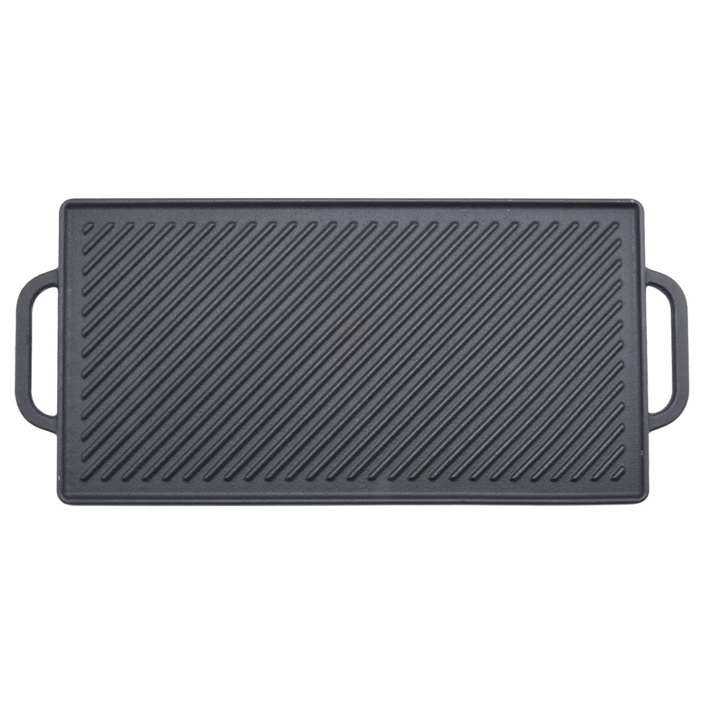 GGC griddle front view showing full 20-inch plate and handles, durable cooking surface benefit