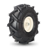 GICOOL front view of 11x4.00-4 tubeless tiller tire showing full profile and benefits