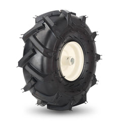 GICOOL front view of 11x4.00-4 tubeless tiller tire showing full profile and benefits