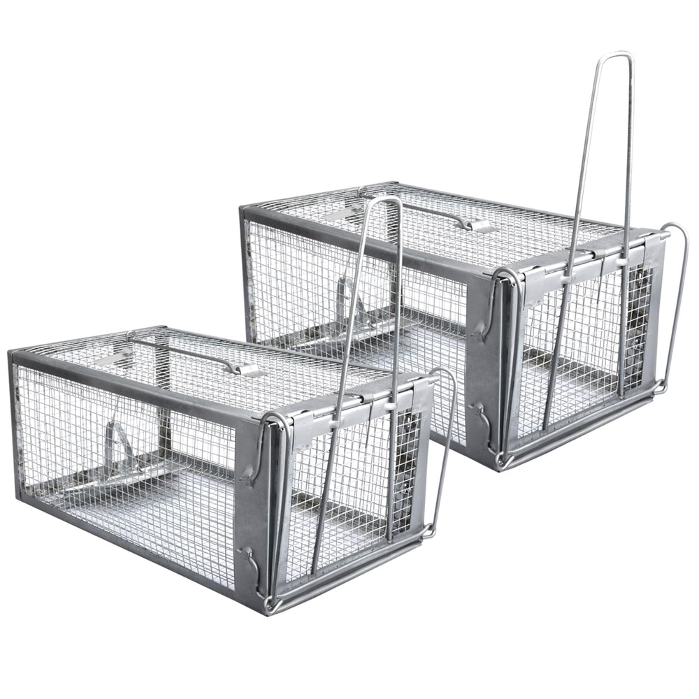 Gingbau two-pack front view showing both humane live-capture cages with secure door