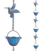 giole front view of full 13.4FT rain chain showing cups and hummingbirds for decorative drainage
