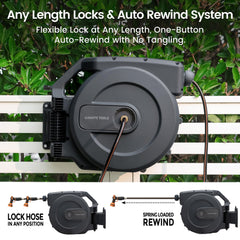Giraffe Tools reel installed and swiveling 180 degrees to reach different garden areas