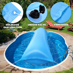 GJQ pool pillow positioned under cover in pool showing water drainage benefit