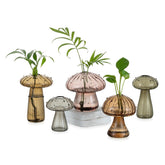 Glasseam front display of five mushroom vases showing decorative variety and charm