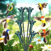 GlikCeil front view of six hummingbird stakes showing vibrant multicolor display and easy setup