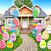 GlikCeil front view of all 18 colorful egg yard signs showing vibrant patterns and curb appeal