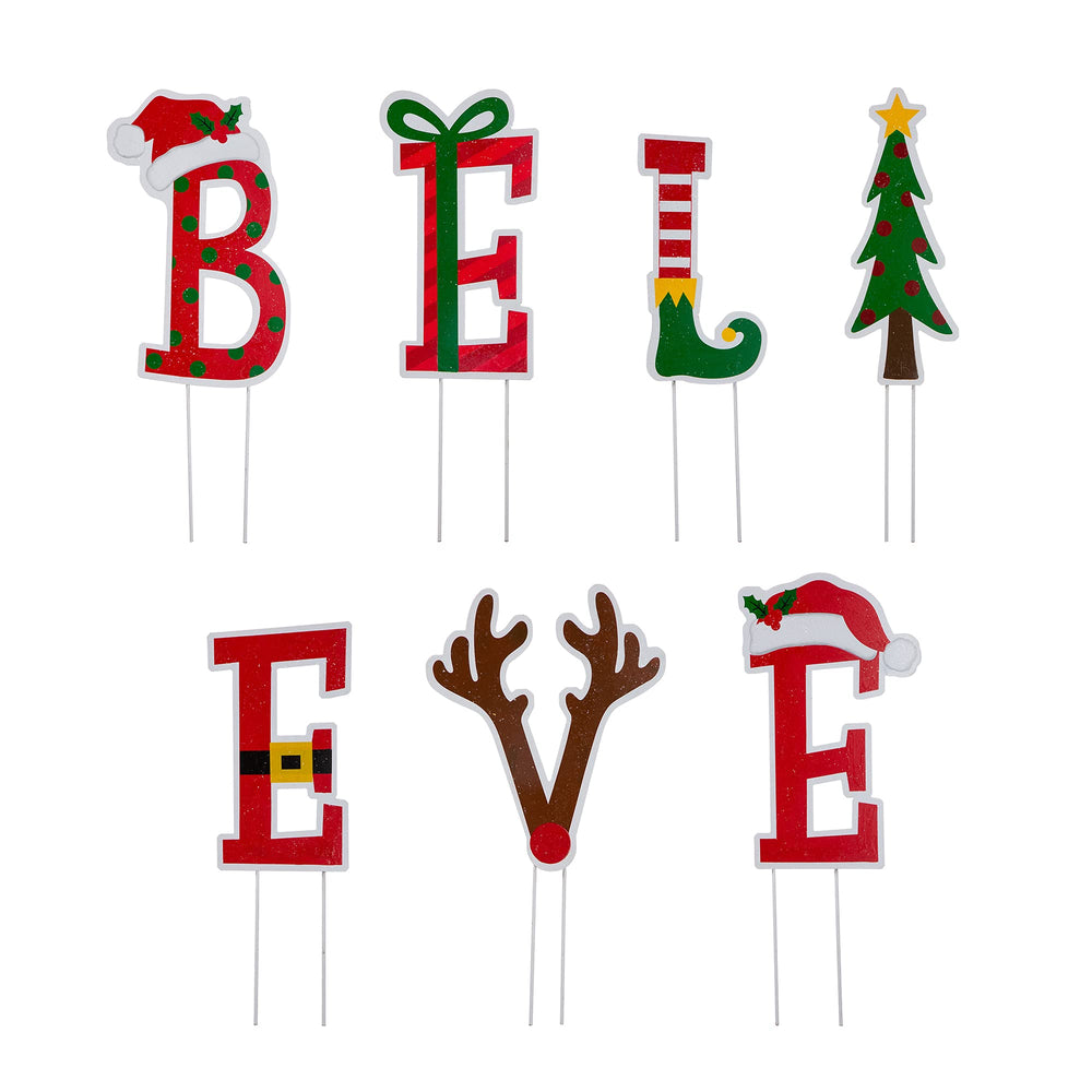 Glitzhome front view of BELIEVE letter stakes showing full set benefit of curb appeal