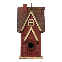 Glitzhome front view of distressed red and blue cottage bird house showing curb appeal