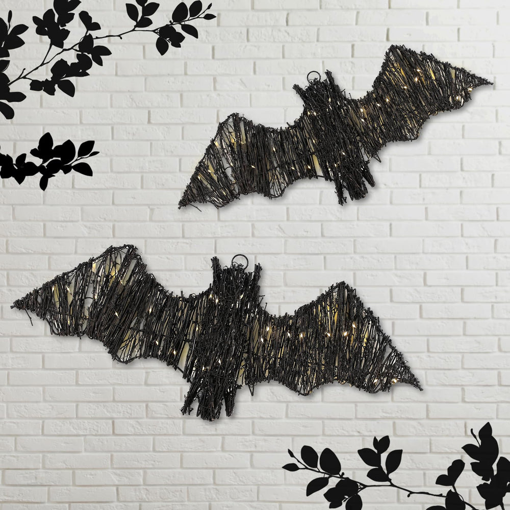 Glooglitter front view of two rattan bats showing silhouette and LED glow