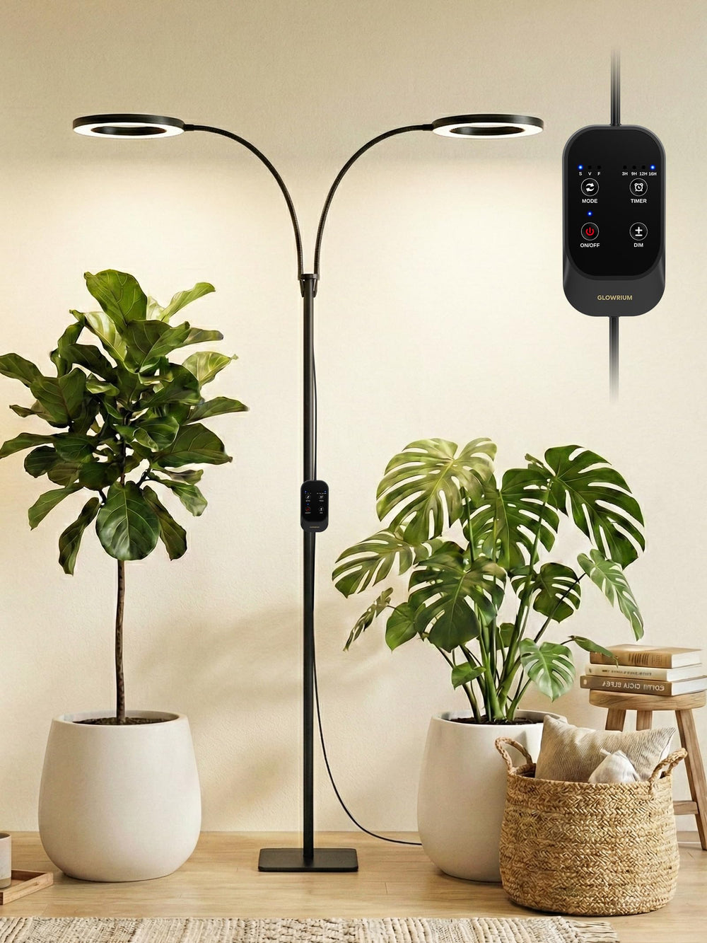 GLOWRIUM front view of dual-head grow light showing wide plant coverage