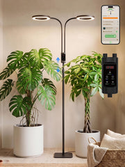 GLOWRIUM front view of floor grow light showing sleek profile and bright foliage benefit