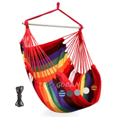 GOCAN hammock front view showing full red chair and spreader bar, comfort visible