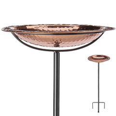 Good Directions polished copper bird bath front view shows elegant bowl and pole; attracts birds