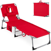 Goplus front view of red tanning chair showing full open frame and seat benefit comfort