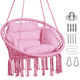 GOUTIME front view of pink macrame hammock swing chair showing boho style and comfort