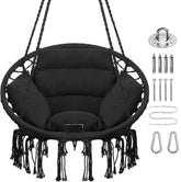 GOUTIME front view of black macrame hammock chair showing stylish boho seating benefit