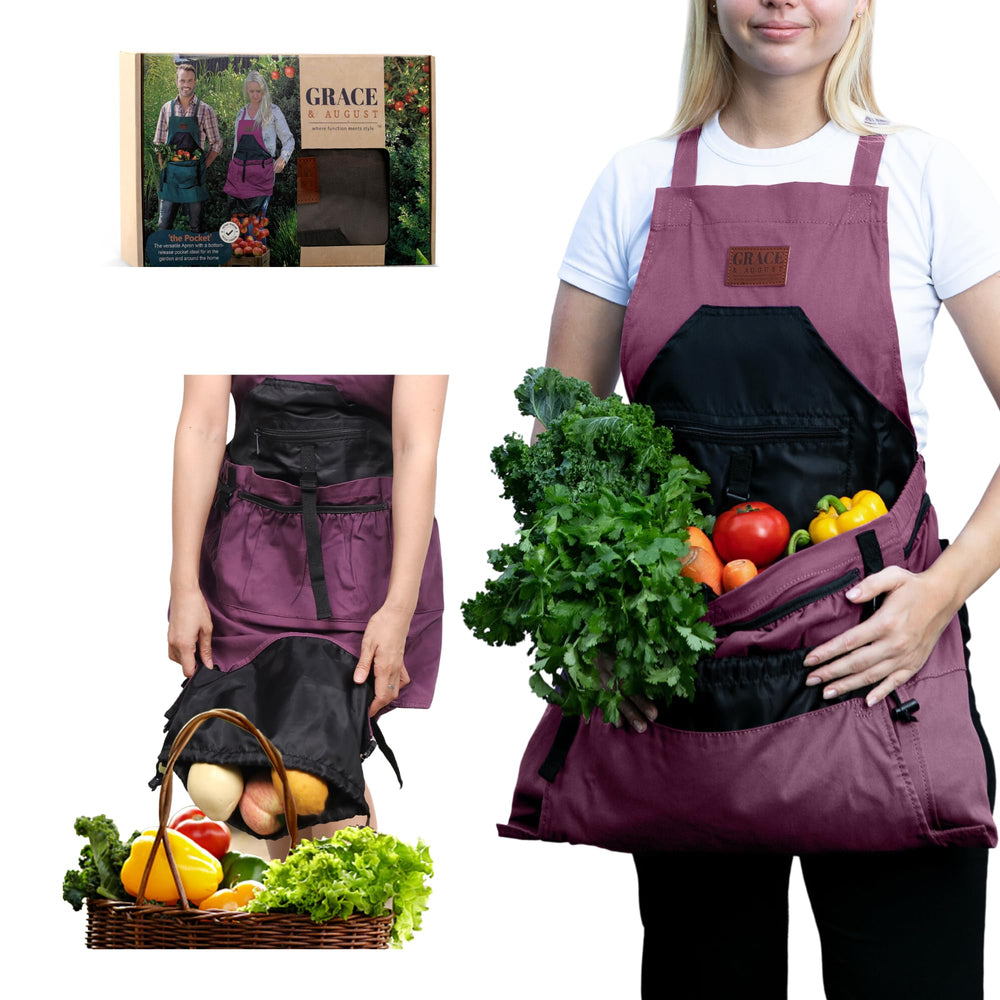 Grace and August apron front view showing pockets and heavy-duty canvas, keeps tools organized