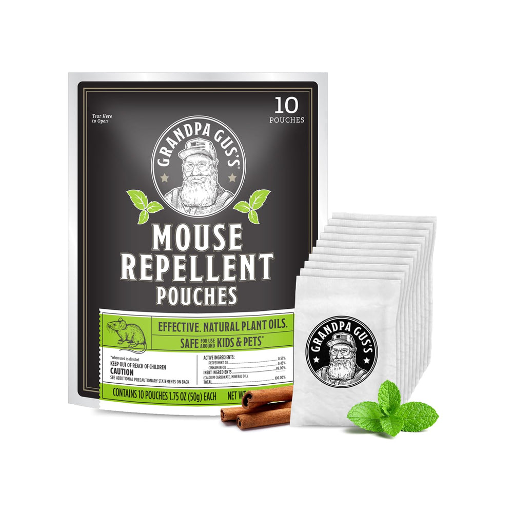 Grandpa Gus's front packaging showing 10 pouches and natural scent protection