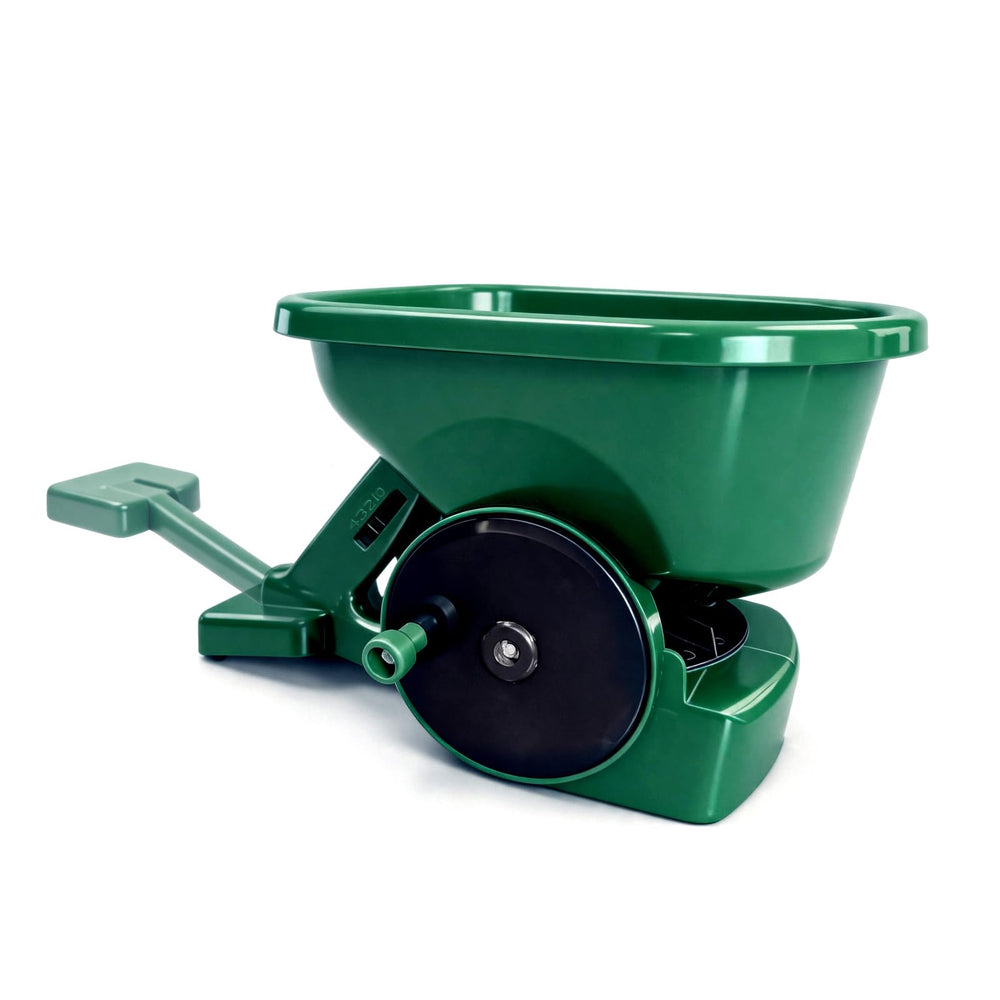Grass One front view showing compact 3L hopper and hand crank, precise control