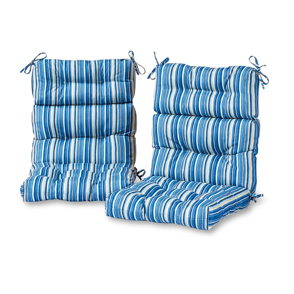 Greendale Home Fashions front view showing two steel blue stripe cushions with neat fit and style
