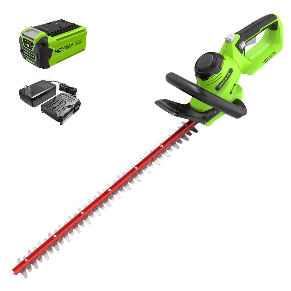 Greenworks front view showing 24-inch blade and balanced body for precise trimming