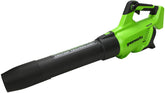 Greenworks blower front view showing compact design and high airflow benefit