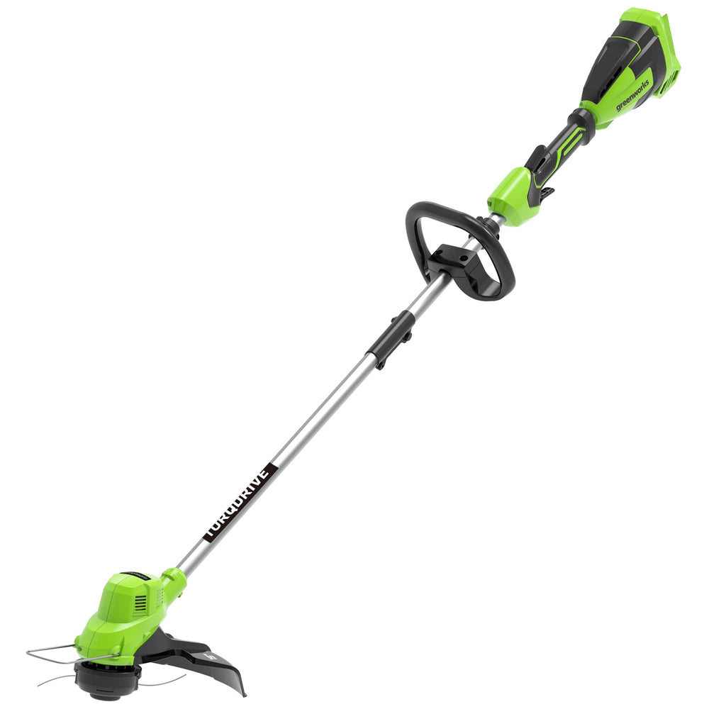 Greenworks front view showing trimmer and lightweight design benefit