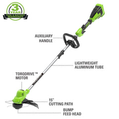 Greenworks close-up of bump-feed head showing fast line advancement