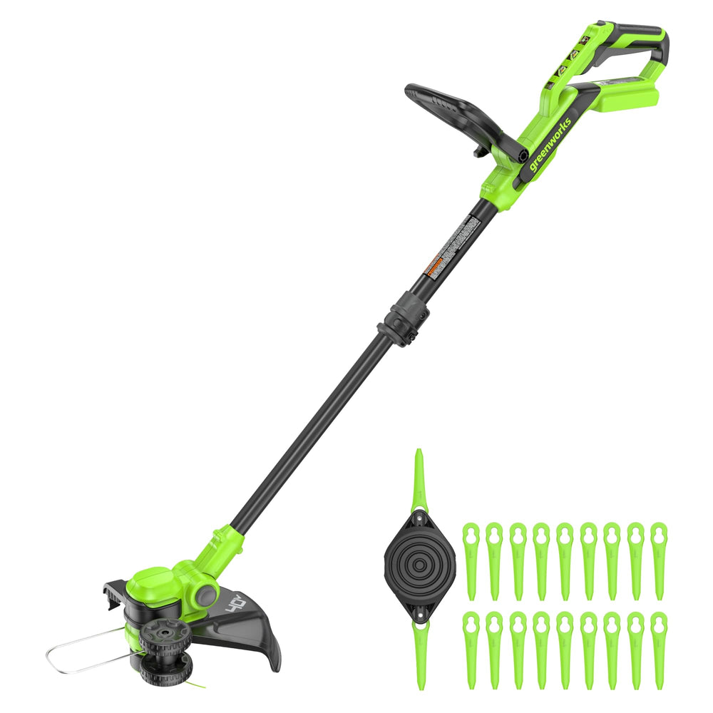 Greenworks front view of trimmer showing ergonomic shape and lightweight handling