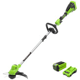 Greenworks trimmer front view showing 15-inch cutting path and lightweight frame benefit