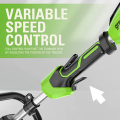 Greenworks handle and trigger showing variable speed control benefit