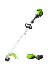 Greenworks trimmer front view showing 16-inch cutting head and battery for efficient trimming