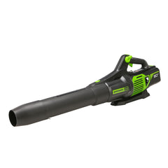 Greenworks blower front view showing compact body and quick cleanup benefit