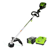 Greenworks front profile showing trimmer body and balanced ergonomics for easier handling