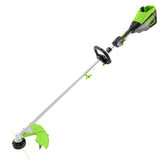 Greenworks 80V trimmer front view showing compact powerhead and ergonomic handle benefit control