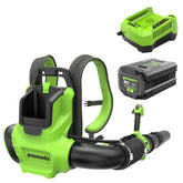 Greenworks front view of backpack blower showing compact professional design and power
