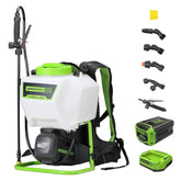 Greenworks front view of backpack sprayer showing controls and tank for clear operation