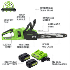 Greenworks dual 24V 4.0Ah battery close-up offering extended runtime